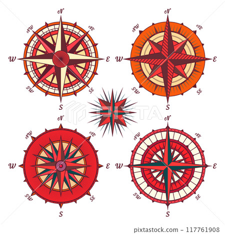 Vintage marine wind rose, nautical chart. Colorful navigational compass with cardinal directions of North, East, South, West. Geographical position, cartography and navigation. Vector illustration 117761908