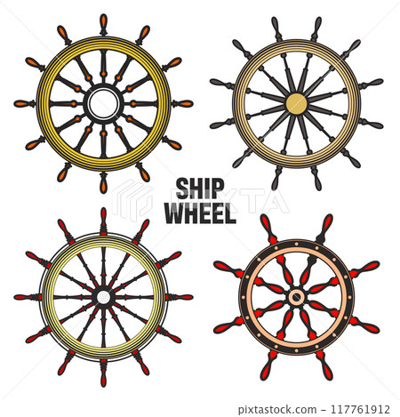 Wooden vintage steering wheels. Ship, sailboat or yacht retro wheel symbol. Colorful nautical rudder icon. Marine logotype design element. Vector illustration Wooden vintage steering wheels. Ship, sailboat or yacht retro wheel symbol. Colorful nautical rudder icon. Marine logotype design element. Vector illustration 117761912