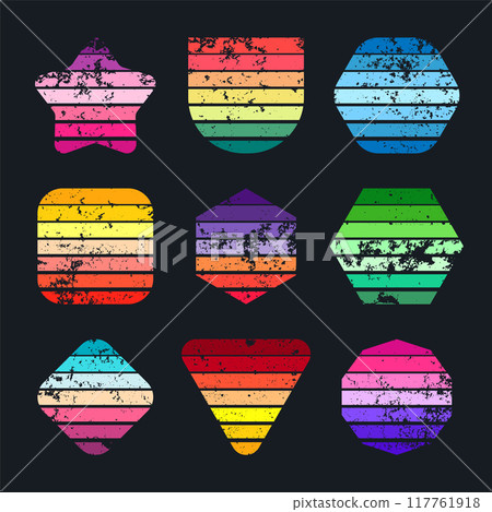 Grunge vintage sunset collection. Various colorful striped sunrise badges in 80s and 90s style. Sun and ocean view, summer vibes, surfing. Design element, print, logo or t-shirt. Vector illustration Grunge vintage sunset collection. Various colorful striped sunrise badges in 80s and 90s style. Sun and ocean view, summer vibes, surfing. Design element, print, logo or t-shirt. Vector illustration 117761918