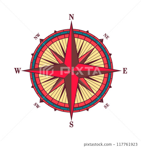 Vintage marine wind rose, nautical chart. Colorful navigational compass with cardinal directions of North, East, South, West. Geographical position, cartography and navigation. Vector illustration 117761923