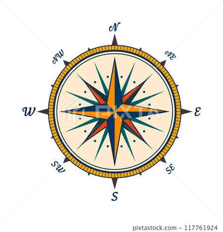 Vintage marine wind rose, nautical chart. Colorful navigational compass with cardinal directions of North, East, South, West. Geographical position, cartography and navigation. Vector illustration 117761924
