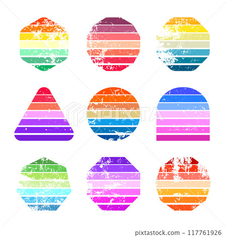 Grunge vintage sunset collection. Various colorful striped sunrise badges in 80s and 90s style. Sun and ocean view, summer vibes, surfing. Design element, print, logo or t-shirt. Vector illustration Grunge vintage sunset collection. Various colorful striped sunrise badges in 80s and 90s style. Sun and ocean view, summer vibes, surfing. Design element, print, logo or t-shirt. Vector illustration 117761926