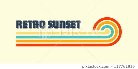 Horizontal vintage sunset. Various colorful striped sunrise badges in 80s and 90s style. Sun and ocean view, summer vibes, surfing. Design element, print, logo or t-shirt. Vector illustration 117761936