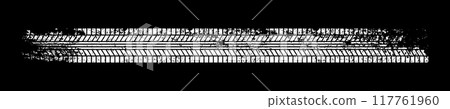 Grunge tire track, wheel braking marks. White truck, car or motorcycle tread pattern silhouette. Auto race, motorsport, speed racing design element. Vector illustration 117761960