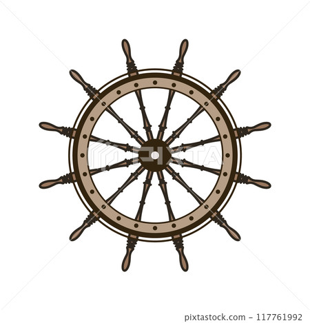 Wooden vintage steering wheels. Ship, sailboat or yacht retro wheel symbol. Nautical rudder icon. Marine logotype design element. Vector illustration Wooden vintage steering wheels. Ship, sailboat or yacht retro wheel symbol. Nautical rudder icon. Marine logotype design element. Vector illustration 117761992