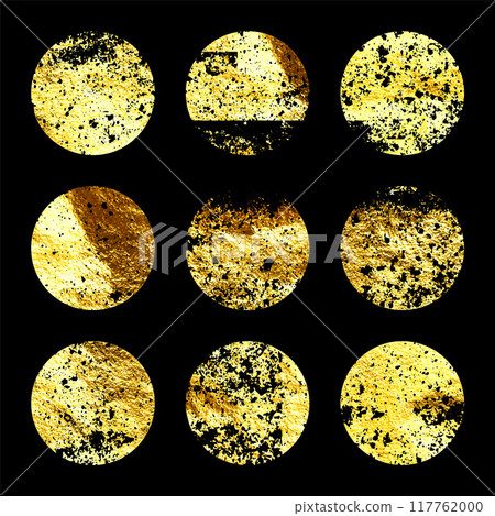 Grunge gold foil, shiny handmade circles. Golden glittering texture, pattern. Luxury shining hand drawn background. Wedding, greeting card decoration elements. Modern art. Vector illustration Grunge gold foil, shiny handmade circles. Golden glittering texture, pattern. Luxury shining hand drawn background. Wedding, greeting card decoration elements. Modern art. Vector illustration 117762000