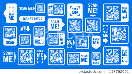 Scan me QR code sticker with text. Online payment. Special offer sale stickers, shopping discount label, promotional badge. Product serial number. Supermarket retail price tag. Vector illustration Scan me QR code sticker with text. Online payment. Special offer sale stickers, shopping discount label, promotional badge. Product serial number. Supermarket retail price tag. Vector illustration 117762001