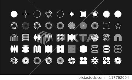 Brutalist geometric shapes, modern symbols. Simple primitive elements and forms. Retro design, trendy contemporary minimalist style, y2k. Vector illustration Brutalist geometric shapes, modern symbols. Simple primitive elements and forms. Retro design, trendy contemporary minimalist style, y2k. Vector illustration 117762004