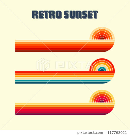 Horizontal vintage sunsets. Various colorful striped sunrise badges in 80s and 90s style. Sun and ocean view, summer vibes, surfing. Design element, print, logo or t-shirt. Vector illustration 117762021