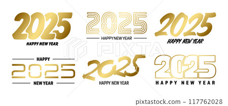 Set of 2025 Happy New Year greeting text designs. Christmas banner, poster, festive greeting card or seasonal promotion template. Collection of 2025 numbers with greetings. Vector illustration Set of 2025 Happy New Year greeting text designs. Christmas banner, poster, festive greeting card or seasonal promotion template. Collection of 2025 numbers with greetings. Vector illustration 117762028