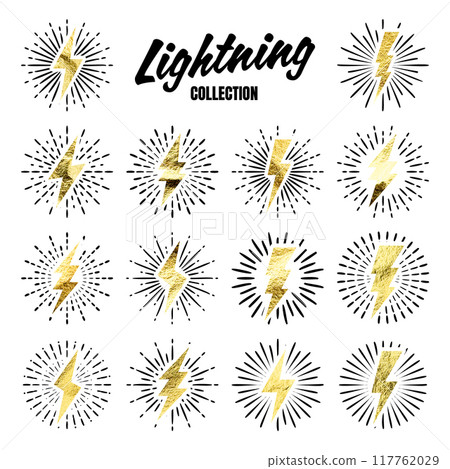Set of vintage golden lightning bolts and sun rays. Gold foil texture. Lightnings with sunburst effect. Thunderbolt, electric shock sign. Vector illustration 117762029