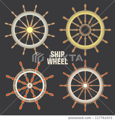 Wooden vintage steering wheels. Ship, sailboat or yacht retro wheel symbol. Colorful nautical rudder icon. Marine logotype design element. Vector illustration Wooden vintage steering wheels. Ship, sailboat or yacht retro wheel symbol. Colorful nautical rudder icon. Marine logotype design element. Vector illustration 117762053