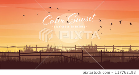 Meadow silhouettes with grass and old wooden fence. Countryside, panoramic summer lawn rural landscape with herbs, weeds. Agriculture and farming. Summer sunset in nature. Vector illustration 117762198