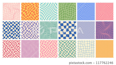 Groovy checkered pattern, colorful distorted tiled grid. Vintage wavy curved backdrop, distortion effect. Funky geometric chessboard texture, retro background in 90s style, y2k. Vector illustration 117762246