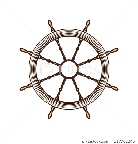 Wooden vintage steering wheels. Ship, sailboat or yacht retro wheel symbol. Nautical rudder icon. Marine logotype design element. Vector illustration Wooden vintage steering wheels. Ship, sailboat or yacht retro wheel symbol. Nautical rudder icon. Marine logotype design element. Vector illustration 117762249