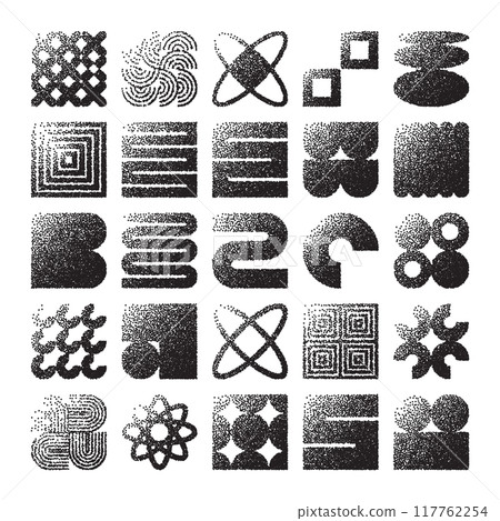 Brutalist geometric shapes, dotted objects. Stipple elements modern symbols. Simple primitive forms. Retro design, trendy contemporary minimalist style, y2k. Dot shading, drawing. Vector illustration Brutalist geometric shapes, dotted objects. Stipple elements modern symbols. Simple primitive forms. Retro design, trendy contemporary minimalist style, y2k. Dot shading, drawing. Vector illustration 117762254
