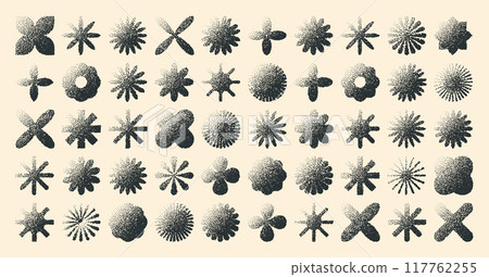 Brutalist geometric shapes, dotted objects. Stipple elements modern symbols. Simple primitive forms. Retro design, trendy contemporary minimalist style, y2k. Dot shading, drawing. Vector illustration Brutalist geometric shapes, dotted objects. Stipple elements modern symbols. Simple primitive forms. Retro design, trendy contemporary minimalist style, y2k. Dot shading, drawing. Vector illustration 117762255