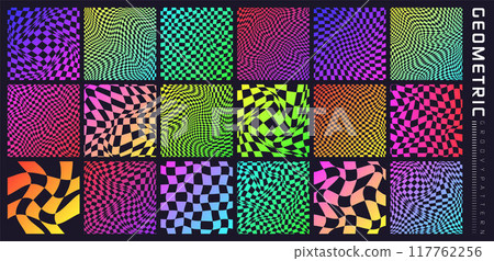 Groovy checkered pattern, colorful distorted tiled grid. Vintage wavy curved backdrop, distortion effect. Funky geometric chessboard texture, retro background in 90s style, y2k. Vector illustration Groovy checkered pattern, colorful distorted tiled grid. Vintage wavy curved backdrop, distortion effect. Funky geometric chessboard texture, retro background in 90s style, y2k. Vector illustration 117762256