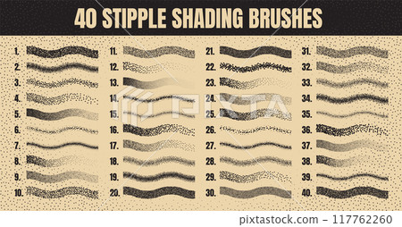 Stipple scatter brush, ink drawing and texturing. Fading gradient. Stippling, dotwork drawing, shading using dots. Halftone disintegration effect. White noise grainy texture. Vector illustration Stipple scatter brush, ink drawing and texturing. Fading gradient. Stippling, dotwork drawing, shading using dots. Halftone disintegration effect. White noise grainy texture. Vector illustration 117762260