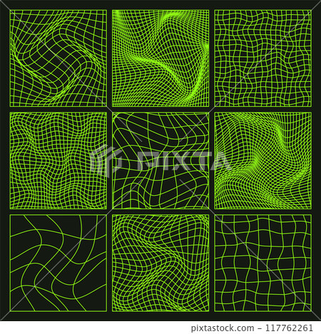 Wireframe shapes, lined perspective mesh, 3d grid. Low poly geometric elements. Retro futuristic design elements, y2k, vaporwave and synthwave style. Vector illustration Wireframe shapes, lined perspective mesh, 3d grid. Low poly geometric elements. Retro futuristic design elements, y2k, vaporwave and synthwave style. Vector illustration 117762261