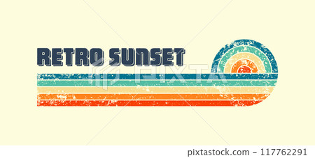 Grunge horizontal vintage sunset. Various colorful striped sunrise badges in 80s and 90s style. Sun and ocean view, summer vibes, surfing. Design element, print, logo or t-shirt. Vector illustration Grunge horizontal vintage sunset. Various colorful striped sunrise badges in 80s and 90s style. Sun and ocean view, summer vibes, surfing. Design element, print, logo or t-shirt. Vector illustration 117762291