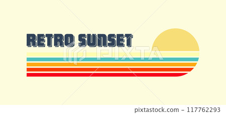 Horizontal vintage sunset. Various colorful striped sunrise badges in 80s and 90s style. Sun and ocean view, summer vibes, surfing. Design element, print, logo or t-shirt. Vector illustration 117762293