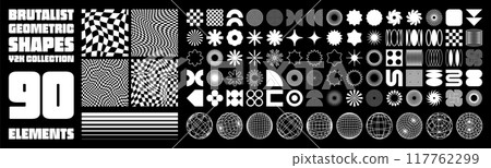 Brutalist geometric shapes, modern symbols. Groovy checkered pattern, distorted tiled grid. Simple elements, forms. Retro design, trendy contemporary minimalist style, y2k. Vector illustration 117762299