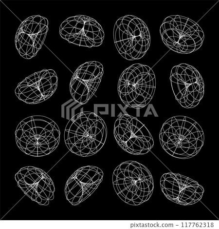 Wireframe lined shapes. Perspective mesh, 3d grid. Low poly geometric elements. Retro futuristic design elements, y2k, vaporwave and synthwave style. Vector illustration 117762318