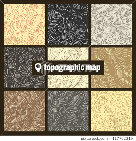Colorful topographic map with contour lines. Geographic terrain grid, relief height elevation. Ground path pattern. Travel and navigation, cartography design element. Vector illustration 117762319