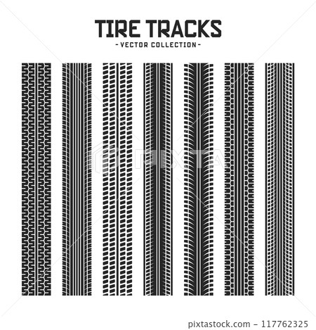 Tire tracks, wheel braking marks. Truck, car or motorcycle tread pattern silhouettes. Auto race, motorsport, speed racing design element. Vector illustration Tire tracks, wheel braking marks. Truck, car or motorcycle tread pattern silhouettes. Auto race, motorsport, speed racing design element. Vector illustration 117762325