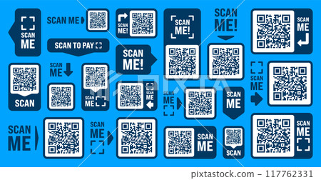 Scan me QR code sticker with text. Online payment. Special offer sale stickers, shopping discount label, promotional badge. Product serial number. Supermarket retail price tag. Vector illustration Scan me QR code sticker with text. Online payment. Special offer sale stickers, shopping discount label, promotional badge. Product serial number. Supermarket retail price tag. Vector illustration 117762331