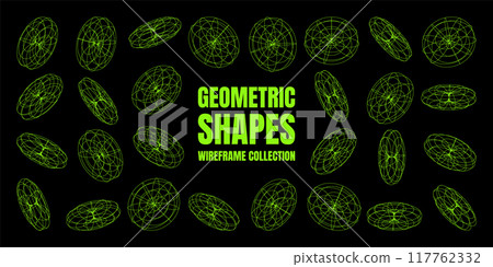 Wireframe lined shapes. Perspective mesh, 3d grid. Low poly geometric elements. Retro futuristic design elements, y2k, vaporwave and synthwave style. Vector illustration 117762332