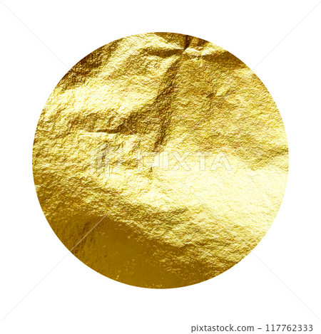 Gold foil, shiny handmade circle. Golden glittering texture, pattern. Luxury shining hand drawn background. Wedding, greeting card decoration element. Modern minimalist art. Vector illustration 117762333
