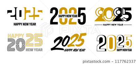 Set of 2025 Happy New Year greeting text designs. Christmas banner, poster, festive greeting card or seasonal promotion template. Collection of 2025 numbers with greetings. Vector illustration 117762337