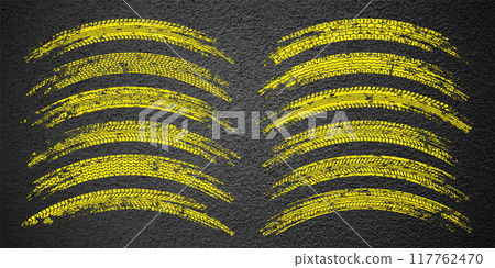 Yellow grunge tire tracks, wheel braking marks. Truck, car or motorcycle tread pattern silhouettes. Auto race, motorsport, speed racing design element. Asphalt texture. Vector illustration Yellow grunge tire tracks, wheel braking marks. Truck, car or motorcycle tread pattern silhouettes. Auto race, motorsport, speed racing design element. Asphalt texture. Vector illustration 117762470