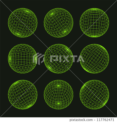 Wireframe shapes, lined sphere. Perspective mesh, 3d grid. Low poly geometric elements. Retro futuristic design elements, y2k, vaporwave and synthwave style. Vector illustration Wireframe shapes, lined sphere. Perspective mesh, 3d grid. Low poly geometric elements. Retro futuristic design elements, y2k, vaporwave and synthwave style. Vector illustration 117762471