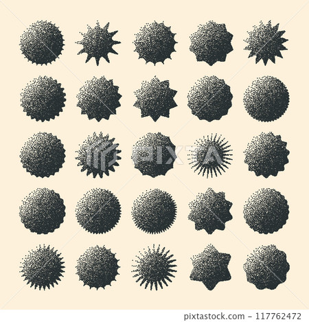 Brutalist geometric shapes, dotted objects. Stipple elements modern symbols. Simple primitive forms. Retro design, trendy contemporary minimalist style, y2k. Dot shading, drawing. Vector illustration 117762472