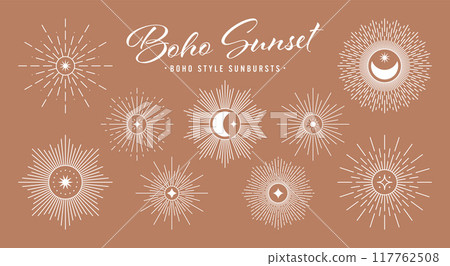 Vintage sunburst, sunset beams collection. Boho style, modern minimalist bohemian design. Hand drawn bursting sun, light rays. Logotype or lettering design element in retro style. Vector illustration Vintage sunburst, sunset beams collection. Boho style, modern minimalist bohemian design. Hand drawn bursting sun, light rays. Logotype or lettering design element in retro style. Vector illustration 117762508