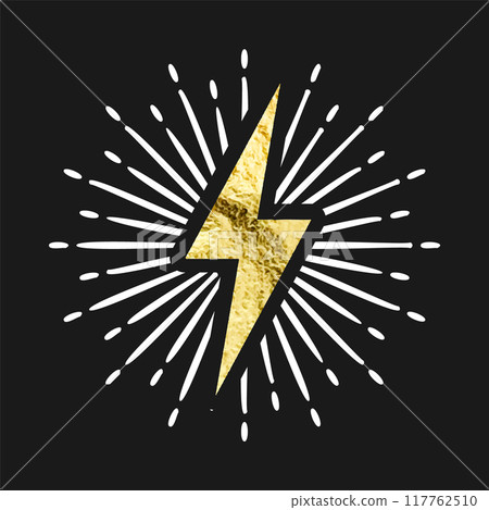 Vintage golden lightning bolt and sun rays. Gold foil texture. Lightning with sunburst effect. Thunderbolt, electric shock sign. Vector illustration Vintage golden lightning bolt and sun rays. Gold foil texture. Lightning with sunburst effect. Thunderbolt, electric shock sign. Vector illustration 117762510