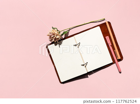 Open notebook beside pink pen and dried flower. Creativity and planning concept. Open notebook beside pink pen and dried flower. Creativity and planning concept. 117762524