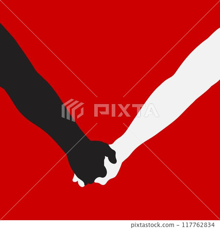 White and black hands holding on a red background 117762834