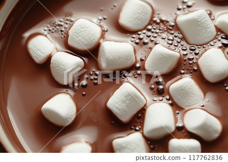 Macro close up background texture image of hot chocolate with marshmallows 117762836