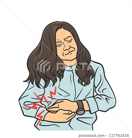 Woman suffering from abdominal pain 117762838