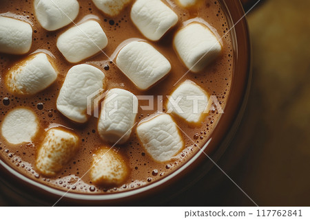 Macro close up background texture image of hot chocolate with marshmallows 117762841