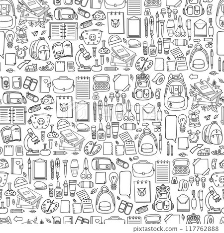 Seamless pattern back to school. Stationery, school accessories, books and art Supplies on white background. Vector illustration in hand doodle style. Seamless pattern back to school. Stationery, school accessories, books and art Supplies on white background. Vector illustration in hand doodle style. 117762888