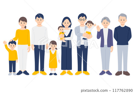 微笑育兒家庭/三代家庭全身套裝【人物向量圖素材】 117762890