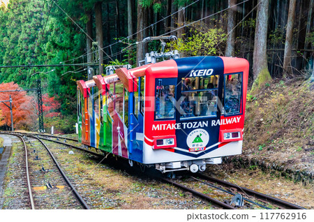 Tokyo: A cable car climbing Mt. Mitake in autumn colors Tokyo: A cable car climbing Mt. Mitake in autumn colors 117762916