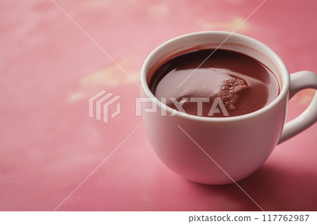 Hot chocolate.Pink background image with copy space or text space. 117762987