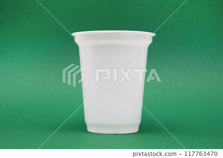 Front view of old disposable plastic cup. 117763470