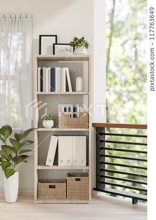 A wooden shelf with books and decor in a contemporary bright room at home. A wooden shelf with books and decor in a contemporary bright room at home. 117763649